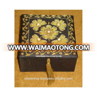 Golden Zari Embroidery work on Black Jewelry Box